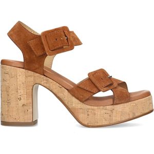 Manfield - Dames - Cognac suède sandalen met hak - Maat 39