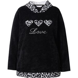 MIAMODA - Dames - Hoodie trui met capuchon pluizige sweatstof luipaard-details - Zwart - Maat 42