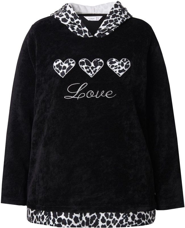 MIAMODA - Dames - Hoodie trui met capuchon pluizige sweatstof luipaard-details - Zwart - Maat 42