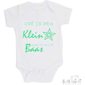 100% katoenen Romper ""Oke ik ben klein maar ik ben de baas"" Unisex Katoen Wit/mint Maat 68/74