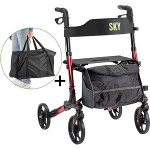 Sky - Lichtgewicht rollator met transporttas - Rood - Dubbel opvouwbaar - Met stokhouder, tas en rugband