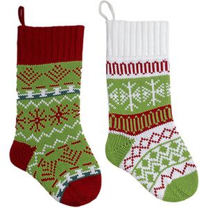 Gebreide Kerstkousen - 2 Stuks - Klassiek Cable Design Met Opbergvak - Voor Kinderen & Gezin - Rood/Groen