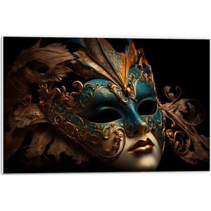 PVC Schuimplaat- Venetiaanse carnavals Masker met Blauwe en Gouden Details tegen Zwarte Achtergrond - 60x40 cm Foto op PVC Schuimplaat