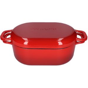 Pan - Braadpan - Sabatier - Ovaal - Rood - 31 cm - 4,5 liter - Gietijzer - Geschikt voor oven en alle warmte bronnen, ook inductie. Tevens is de deksel toepasbaar voor vele doeleinden, 1,5 liter.