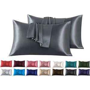 Set van 2 Satijn kussenslopen 45 x 70 cm , Zacht en Zijdig Bed Kussen Kussen Kussen Donkergrijs, Envelop Sluiting, Anti-mijt en Hypoallergeen, Haar en Huid Bescherming tegen rimpels