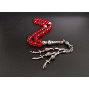 Handgemaakte natuursteen tesbih met Klauw tassel 925 zilver -"" Rode kwarts"" - met 925 Zilver Kwastjes ""Zwaarden"" - Aantal kralen 33 - Diameter kralen 8MM