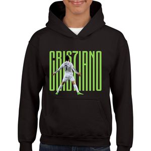 Ronaldo - Kinder Hoodie - Zwart - Maat 110/116 - Hoodie leeftijd 5 tot 6 jaar - Voetbal shirt - Cadeau - Hoodie- CR7 - voetbal - verjaardag - Unisex Kids hoodie - Groene tekst