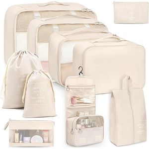 10 stuks verpakking kubussen voor koffer, waterdichte bagage verpakking organisatoren voor reizen waterdichte reisbenodigdheden bagage organisator tassen voor handbagage koffers, beige