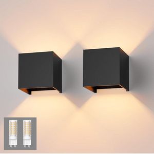 2 x Moderne LED wandlamp voor binnen en buiten - Up Down verlichting - Vervangbare G9 LED lamp - IP54 - Warmwit 3000K - Zwart