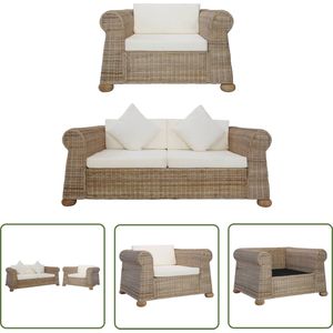 The Living Store Rattan loungebank - Naturel/Crèmewit - 100x78x67cm - Verwijderbare kussenhoezen