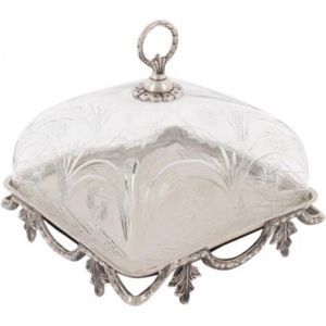 Presenteerschaal met stolp - glas 27.5x27.5cm / Plate with cover Zilver Baroque