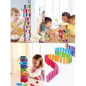 Boby 3-in-1 Hoogwaardig Beukenhout! stapelspel blokken 72 delige & Domino's & Kleuren matching game - Bouwstenen - Toren, stapelspel, fijne motorische bouwstenen met dobbelstenen, leisteen, Montessori, familiefeest, games voor kinderen/volwassenen