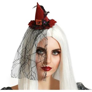Halloween heksenhoed - mini hoedje op diadeem - one size - rood - met sluier - meisjes/dames