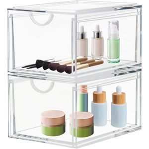 2-Pack Stapelbare Transparante Make-Up Opbergboxen – Acryl & Plastic Cosmetica Lade Voor Badkamer- Slaapkamer & Keuken