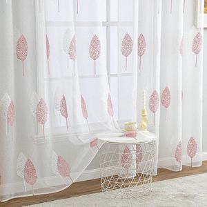 Transparante gordijnen met roze en wit bladerpatroon, ringen van 200 cm hoog, moderne gordijnen woonkamerset van 2, geborduurd raamringgordijn kort, slaapkamergordijnen.