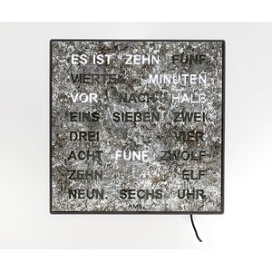 AMS T1239FR - Woordenklok Tafel / Wandklok - Frans - Digitaal - Vierkant - 3 lichtstanden - met adapter voor lichtnet - Grijs - Wit - Zwart