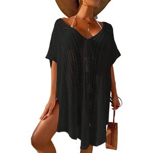 Allecto Plus - Gebreide strandjurk met kwastjes en uitsparingen voor dames - Zomerjurk voor strandvakantie - Bikini cover-up - V-hals - Zwart - Eén maat