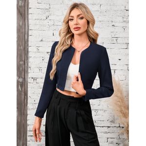 Bolero Dames Feestelijke Korte Blazer Lange Mouwen Elegante Bolero Jas voor Kantoorwerk Marineblauw S