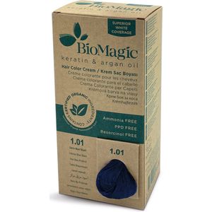 Natuurlijke Biologische haarverf, verrijkt met Keratine en Arganolie, zonder Ammoniak, PPD en Resorcinol- INTENS BLAUW ZWART 1/01 - Je haar kleuren en verzorgen in één met BioMagic permanente haarverf! - Organic - Dierproefvrij