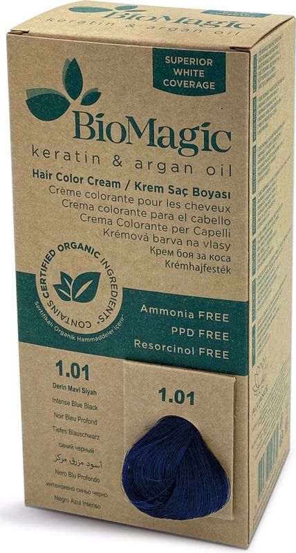 Natuurlijke Biologische haarverf, verrijkt met Keratine en Arganolie, zonder Ammoniak, PPD en Resorcinol- INTENS BLAUW ZWART 1/01 - Je haar kleuren en verzorgen in één met BioMagic permanente haarverf! - Organic - Dierproefvrij