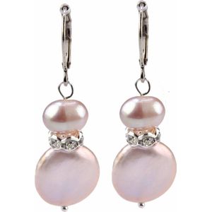Zoetwater parel oorbellen Conny Bling Pink - oorhangers - echte parels - sterling zilver (925) - roze - stras steentjes