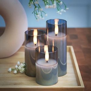 Led-kaars met 3D-vlameffect - Realistisch, op batterijen - 3 stuks - Grijs - Getint glas - 7,5/10/12,5 cm