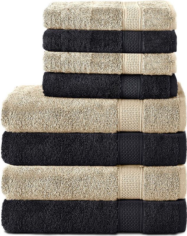 Komfortec Handdoekenset – Set van 8 - 4x Handdoek 50x100 cm en 4x Badhanddoek 70x140 cm - 100% Katoen -Schwarz-Beige