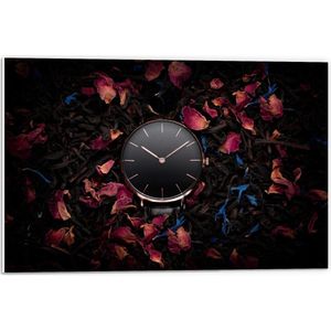 Forex - Zwarte Horloge tussen de Bloemen - 60x40cm Foto op Forex