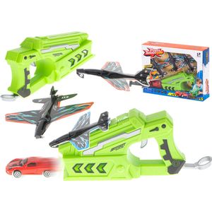 Playos® - Vliegtuig & Auto Launcher - Groen - met 3 Vliegtuigen en 1 Auto - Vliegtuigschieter - Airplane Launcher - Car Launcer - Auto Schieter