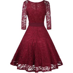 Vintage bruidsmeisjesjurken voor dames voor bruiloften, knielange kanten jurken, cocktailjurken, baljurkenBordeaux XXL
