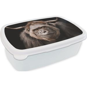 Broodtrommel Wit - Lunchbox - Brooddoos - Aap - Hoorn - Zwart - 18x12x6 cm - Volwassenen
