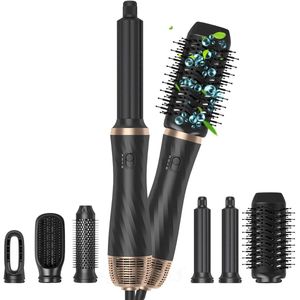 Elektrische Föhnborstel – Föhn - Borstel - Haarstyling - Haarföhn - Krultang - 6-in-1 Hetelucht Borstel – Haarstyling Set – Roterende Stijltang & Krultang – Met Opzetstukken – Professionele Haarföhn – Wit/Goud