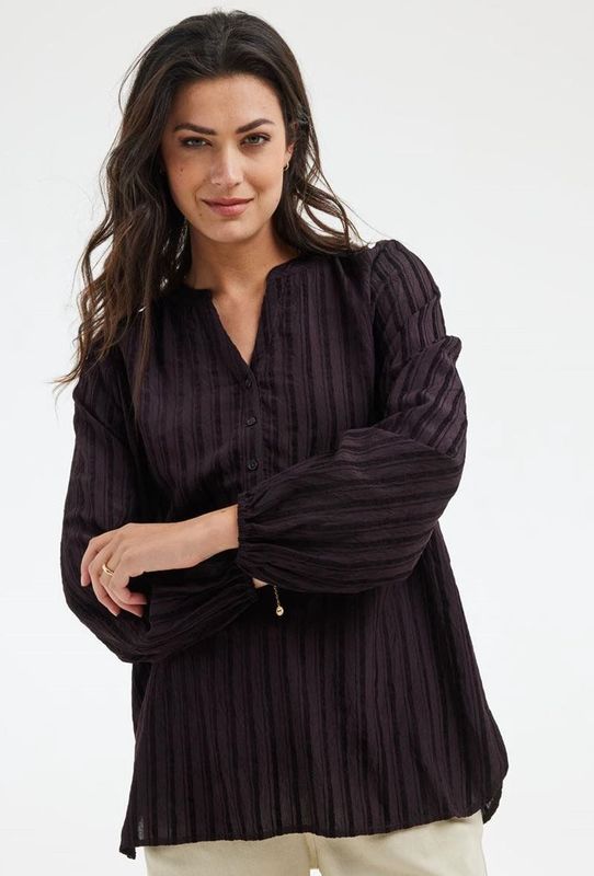 Didi - Top - Bruin - V-hals met Knoopsluiting - Rechte Mouwen