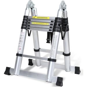 Telescopische Aluminium Ladder – Uitschuifladder – Opvouwbare Ladder – Doe-Het-Zelf Ladder – Werksteiger – Lichtgewicht Aluminium – Veilig Vergrendelingssysteem