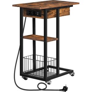 TRANKIELO® - Veelzijdige Bijzettafel met Geïntegreerd Laadstation – Rolbare Banktafel met Opbergplanken – Aantrekkelijk Donkerbruin Nachtkastje voor Woon- en Slaapkamer