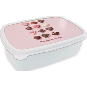Broodtrommel Wit - Lunchbox Chocolaatjes - Hartvormig - Liefste - Brooddoos 18x12x6 cm - Brood lunch box - Broodtrommels voor kinderen en volwassenen