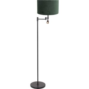 Vloerlamp Stang met linnen kap | 2 lichts | groen / zwart | linnen / metaal | staande leeslamp | Ø 30 cm | 130 cm hoog | dimbaar | draai- en kantelbaar | modern / sfeervol design