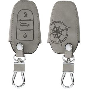 Autosleutelhoes compatibel met Peugeot Citroen 3-knops Smartkey - Keyless Go - Vintage Kompas - grijs - imitatieleer - beschermhoes - -content .