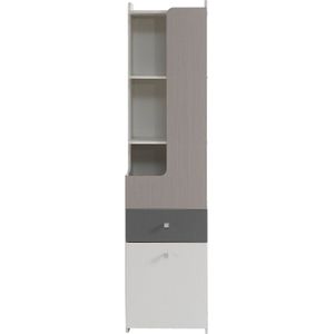 Boekenkast Hoog Boekenrek Tiener Rek met L-vormige Deur met Lade Opslagkasten Deuren met Scharnieren MDF Wit + Lichte Essenhoutkleur + Grijs