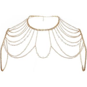 Allecto Plus - Parels Schouderketting Goudkleurig - Boho Lichaamsketting Vrouwen - Accessoire Feest Bikini - Sieraden Beha Metaal