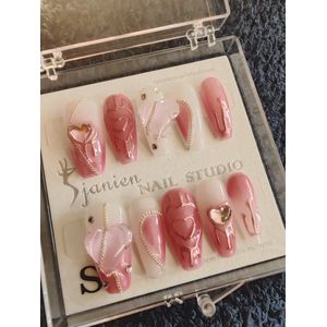 Sjanien Nail Studio Handgemaakte Press On Nails 3D Hart, Roze Ombre, Glanzende, Ketting, Lang - Coffin, 10 Stuks, Maat L