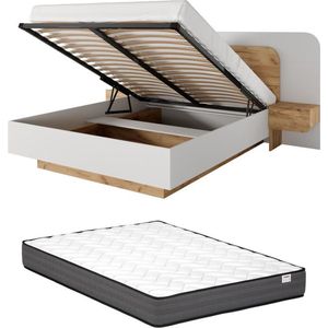 Bed met opbergruimtes met nachtkastjes 160 x 200 cm - Met ledverlichting - Kleur: naturel en wit + matras - DESADO L 245.2 cm x H 115.6 cm x D 208.8 cm