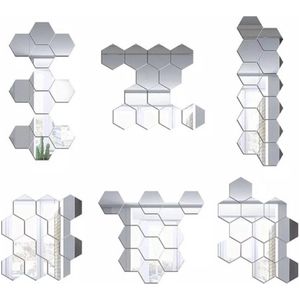 Plakspiegel - Hexagon Wandspiegel - 12 Stuks - 8x4x7cm - Zilver - Zelfklevend - Decoratie - Spiegel - Interieur