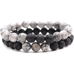 Bixorp Gems Dubbele Natuursteen Armband voor Man & Vrouw - Grijs/Zwart contrast - Edelsteen Armband Cadeau - Lavasteen - 18cm