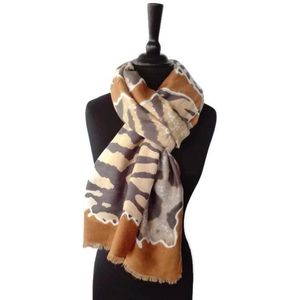 Voorjaar dames sjaal met dierenprint in okergeel antraciet grijs taupe - luipaard leopard panter zebra - katoen - 90 x 180 cm