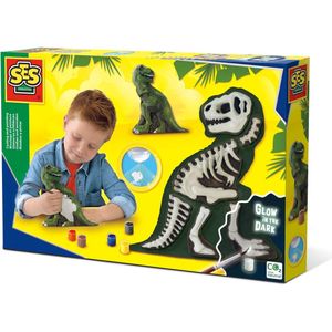 SES - Gieten en schilderen - T-Rex met skelet - dino - glow in the dark - sneldrogend - met gietmal, gips, verf, penseel, kam en lijm