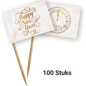 100 x Cocktail prikkers Happy new Year vlag 7 cm vlaggetjes decoratie - Wegwerp prikkertjes, Oud en Nieuw