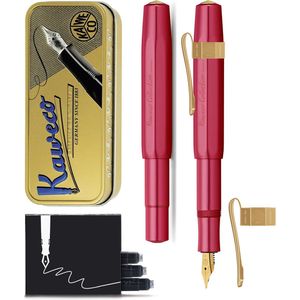 Kaweco Cadeauset - 1 Vulpen - Nostalgic Octagonal Clip Vergoldet - ALUMINIUM SPORT - Sport Aluminium Ruby Red - Medium - Vintage blikje - Extra Doosje Vullingen