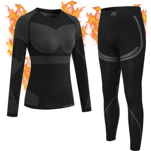 MEETYOO Naadloos Thermo Ondergoed Dames Set - ThermoShirt Dames -Thermokleding Dames - Thermo Shirt Dames Lange Mouw Thermo Shirt en Thermo Broek - en bodemsets voor ski -wandelen fietsen marathon motorfiets hardlopen klimmen snowboarden-Grijs-XL