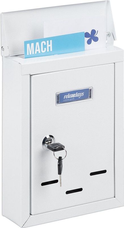Relaxdays wandbrievenbus - met naambordje - metaal - slot - 2 sleutels - 26,5 x 19 x 6,5 cm - wit